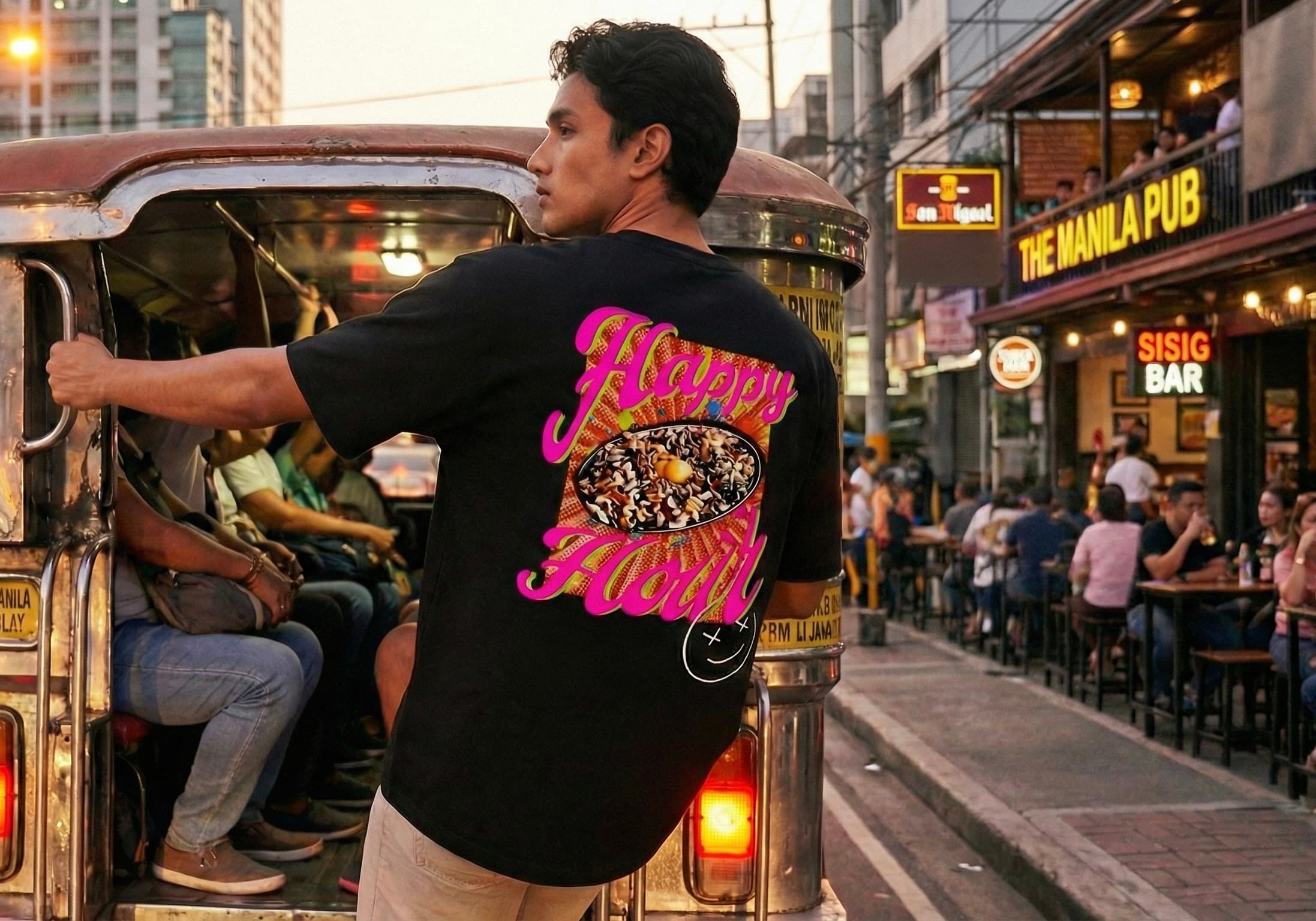 model hanging on a jeepney