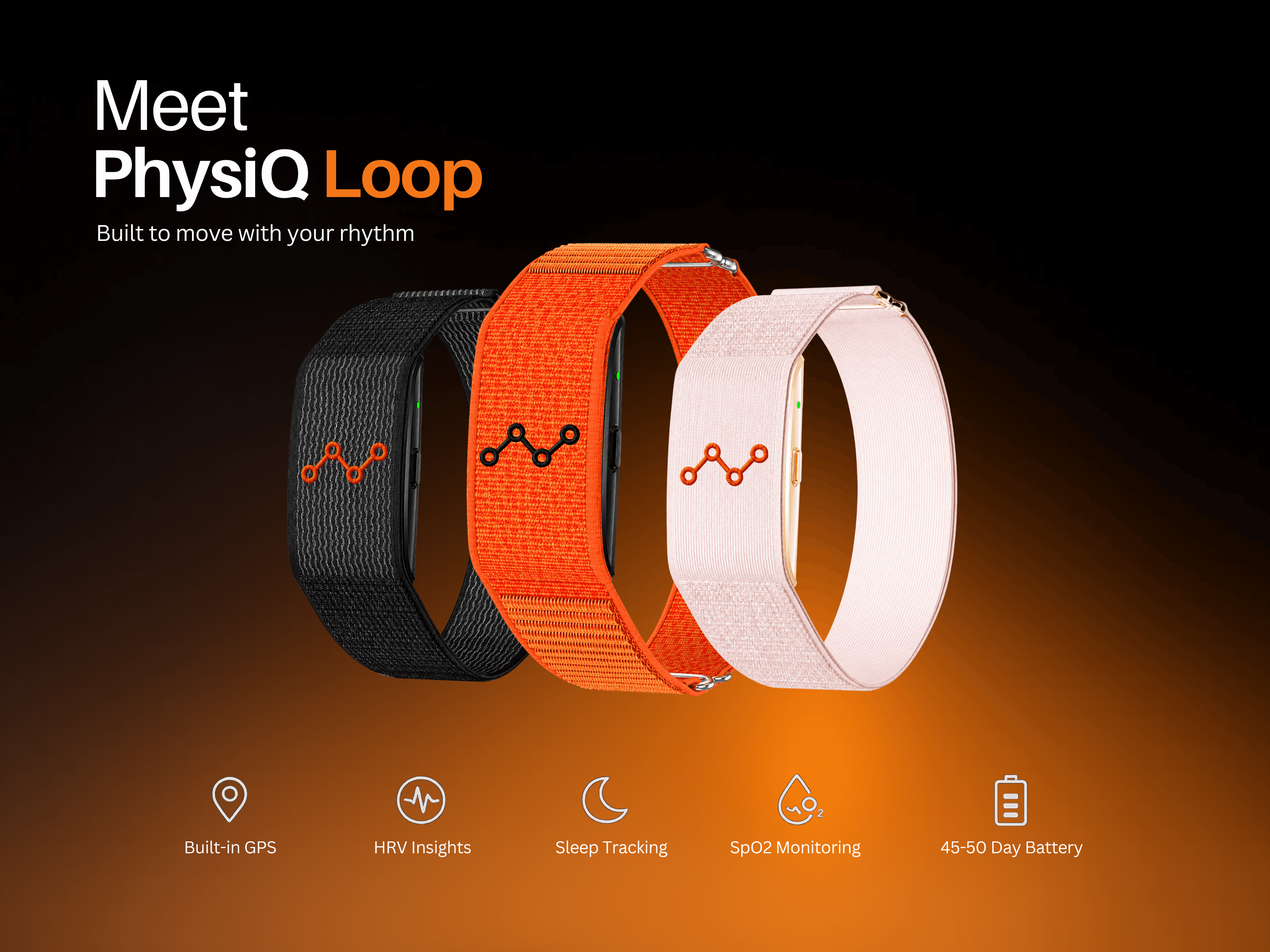 Meet PhysiQ Loop — three colourways with GPS, HRV, sleep, SpO2, and battery features